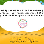 Back cover for 'The Budding Mu'min' with a cartoon landscape and text about a character named Lying Waggle.