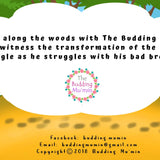 Back cover for 'The Budding Mu'min' with a cartoon landscape and text about a character named Lying Waggle.