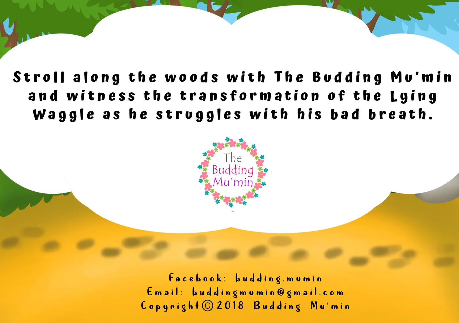 Back cover for 'The Budding Mu'min' with a cartoon landscape and text about a character named Lying Waggle.