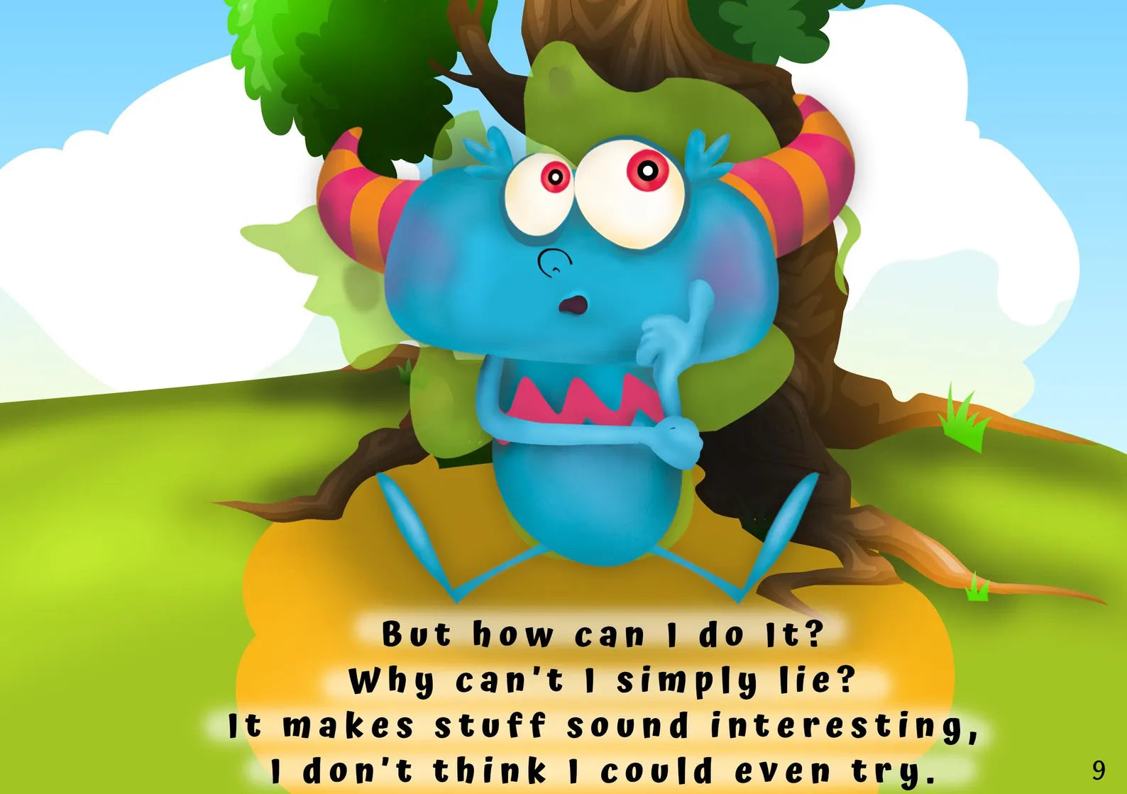 Cartoon character with a colourful background and text