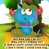 Cartoon character with a colourful background and text