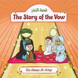 A book cover of 'The Story of the Vow' featuring cartoon illustrations of characters seated around a table, with a woman holding a baby, and a jug in the background. The book is presented in a vibrant orange and yellow cover with decorative elements and text in Arabic.