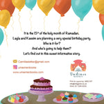 Back cover of the book for a birthday party event with balloons and cake illustration, featuring contact information and branding.