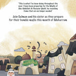 Bookback with illustrated houses and text about a character named Salman preparing for a Majlis event.