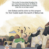 Bookback with illustrated houses and text about a character named Salman preparing for a Majlis event.
