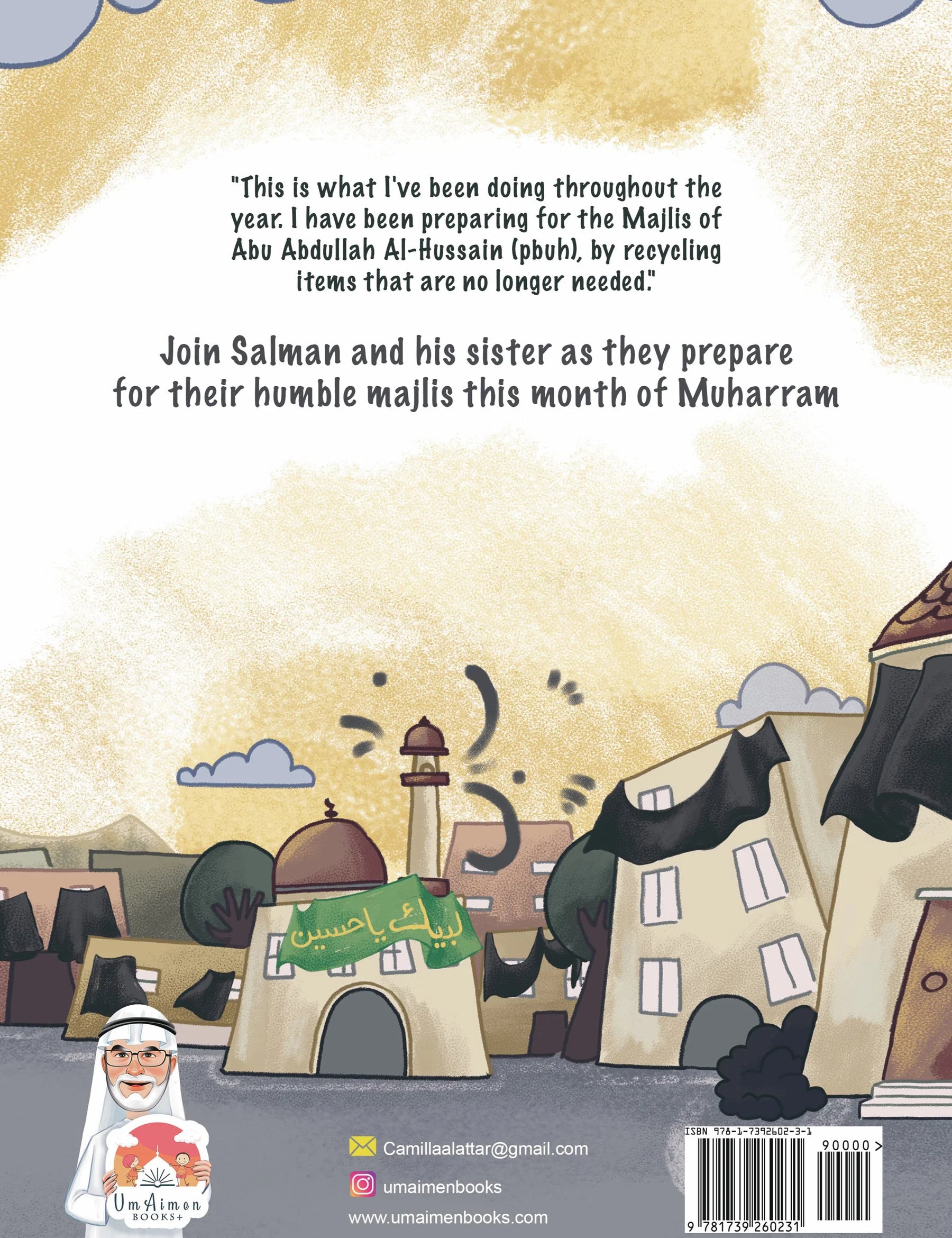 Bookback with illustrated houses and text about a character named Salman preparing for a Majlis event.