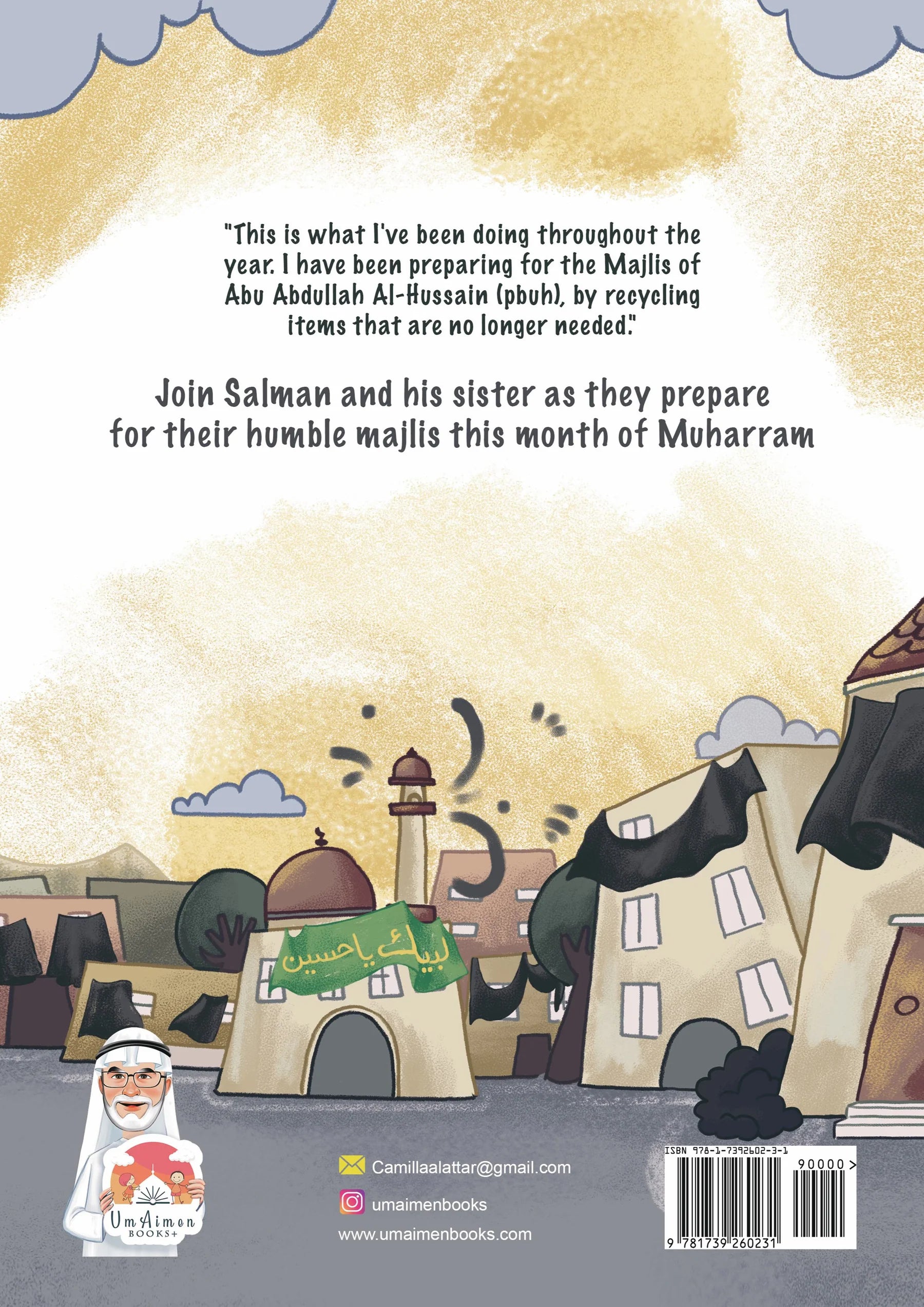 Bookback with illustrated houses and text about a character named Salman preparing for a Majlis event.