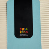 Magnetic bookmark with colorful text on a light blue card against a striped background. Perfect Islamic gift